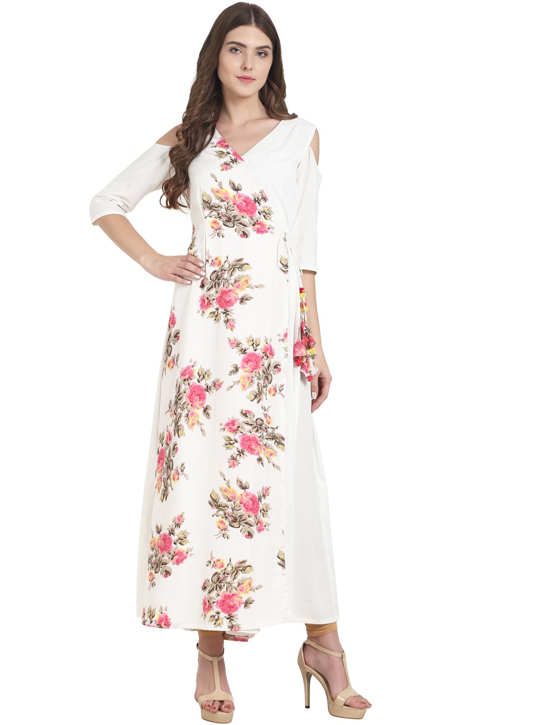 Women White flower printed 3/4th sleeve crepe angrakha kurta | NOZ2TOZ - Made In INDIA.