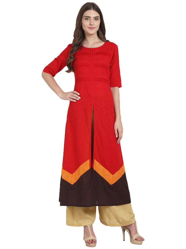 Women Red half sleeve cotton A-line front slit kurta | NOZ2TOZ - Made In INDIA.