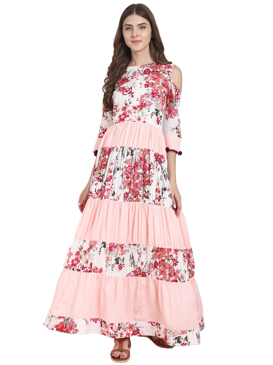 Women White & Peach Floral printed crepe tiered anarkali kurta with cold shoulder sleeve | NOZ2TOZ - Made In INDIA.