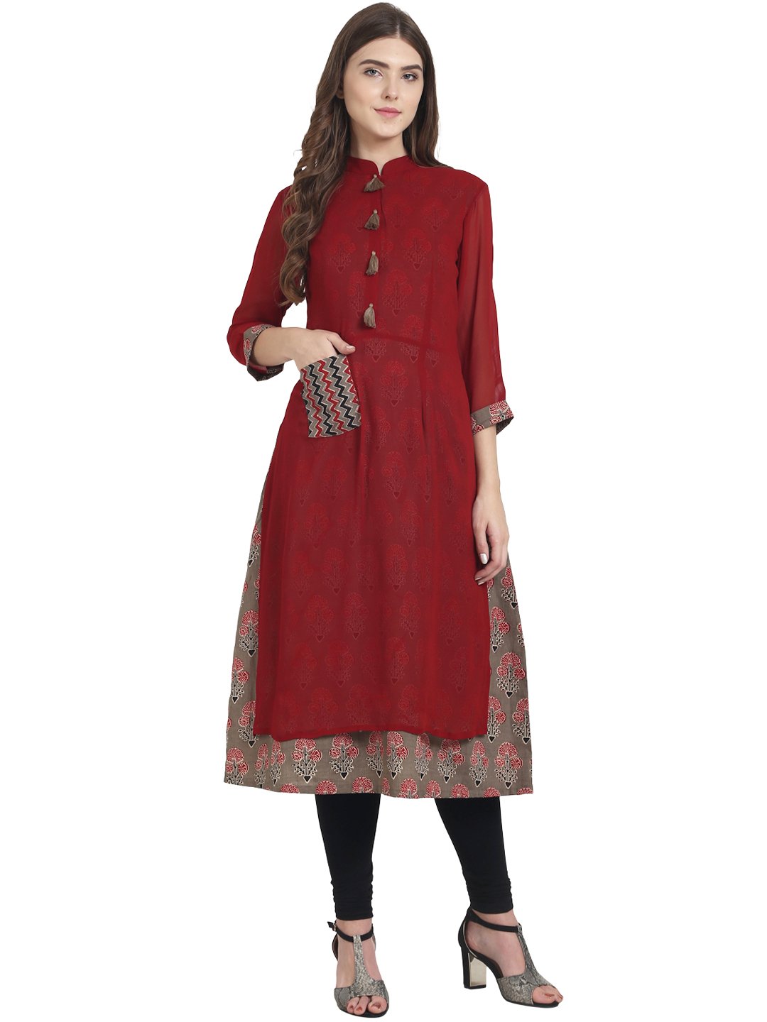 Women Maroon 3/4th sleeve cotton A-line kurta with Maroon georgette layer | NOZ2TOZ - Made In INDIA.