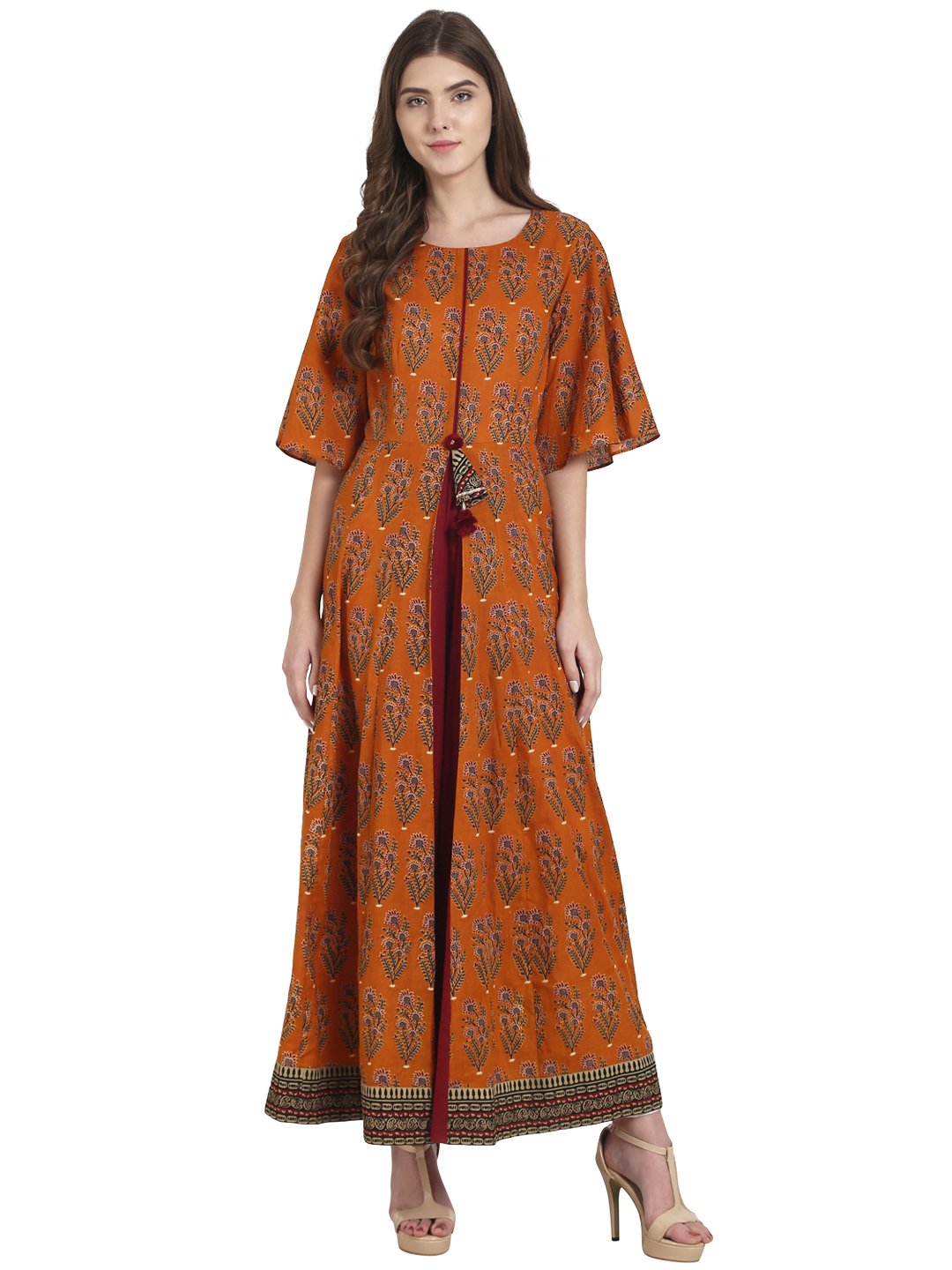 Women Orange printed half sleeve cotton Anarkali kurta | NOZ2TOZ - Made In INDIA.