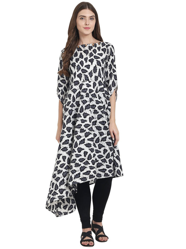 Women White & black printed half sleeve cotton A-line kurta with Assymetric hemline | NOZ2TOZ - Made In INDIA.