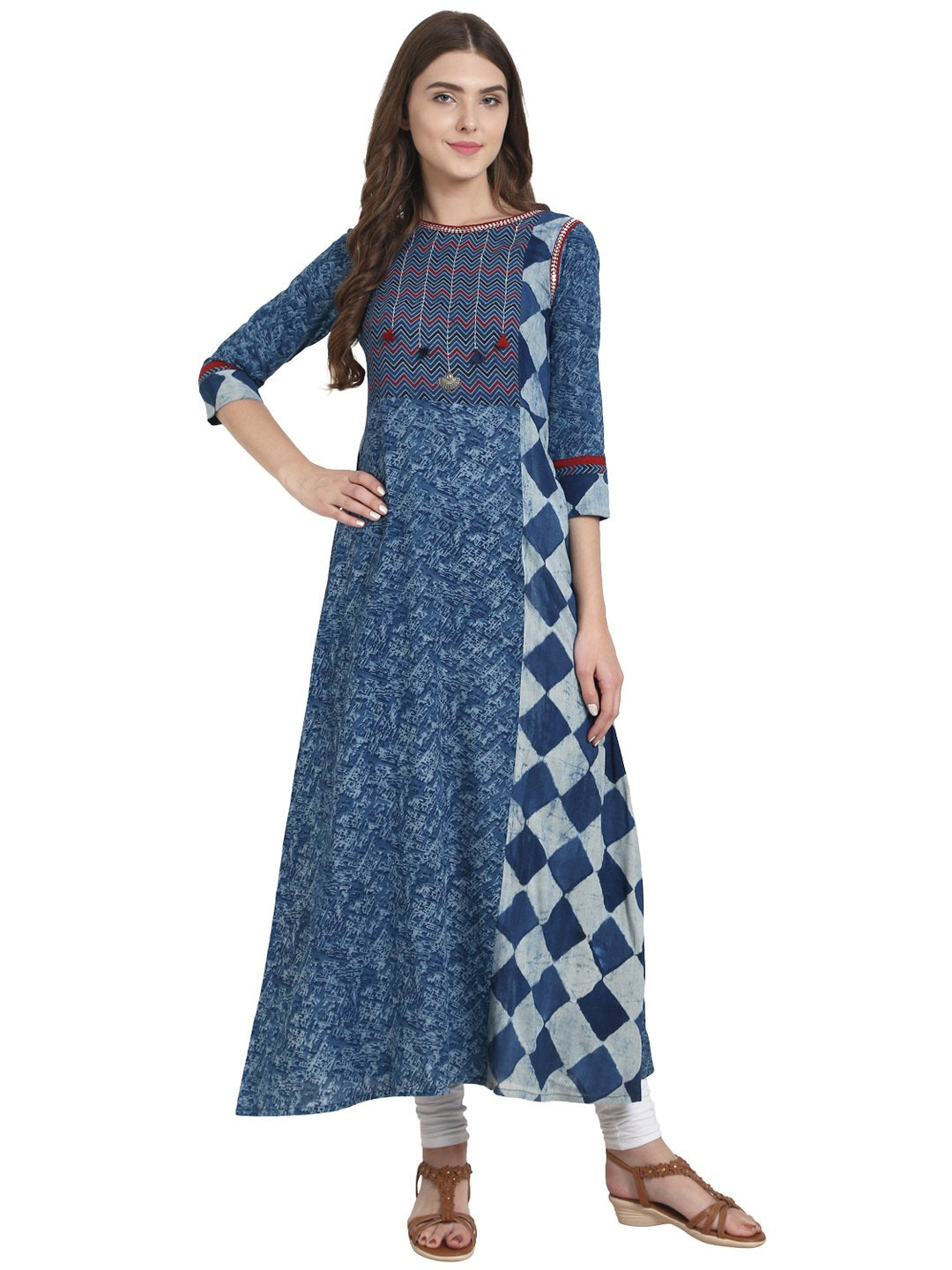 Women Blue printed 3/4th sleeve A-line kurta with embriodery work at yoke | NOZ2TOZ - Made In INDIA.