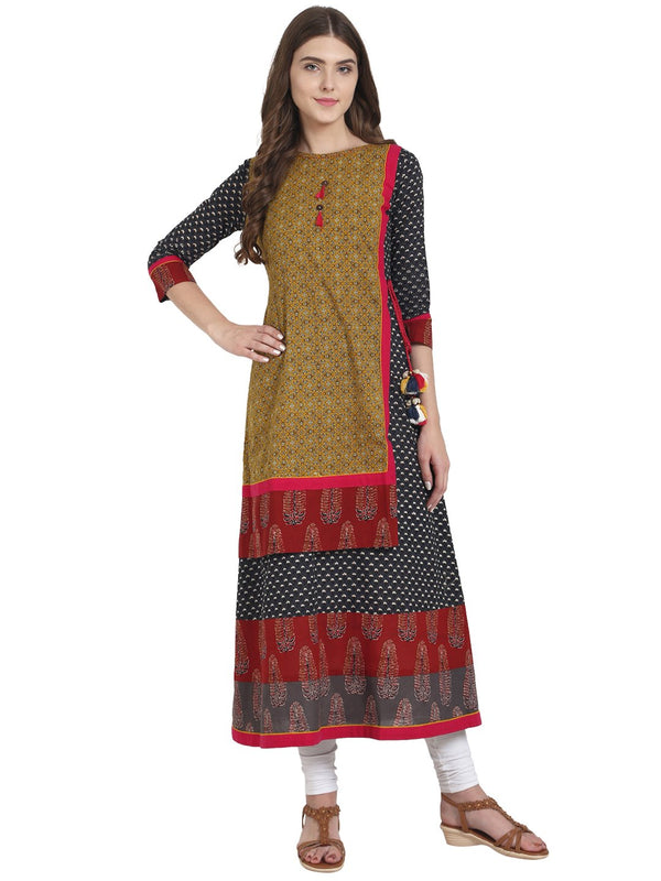 Women Grey Cotton A-line kurta with yellow printed layer | NOZ2TOZ - Made In INDIA.