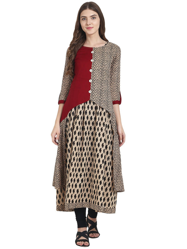 Women Beige printed Sleevless cotton anarkali kurta with front open low high kurta | NOZ2TOZ - Made In INDIA.