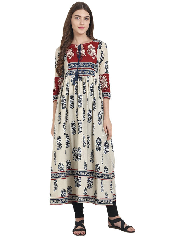 Women Off white printed 3/4th sleeve cotton Anarkali kurta | NOZ2TOZ - Made In INDIA.