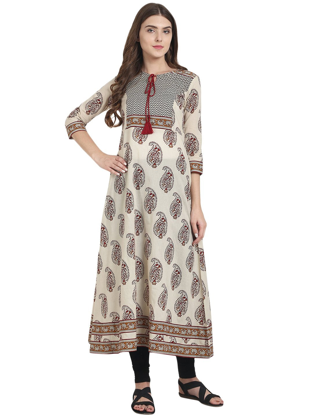 Women Beige printed 3/4th sleeve cotton A-line kurta | NOZ2TOZ - Made In INDIA.