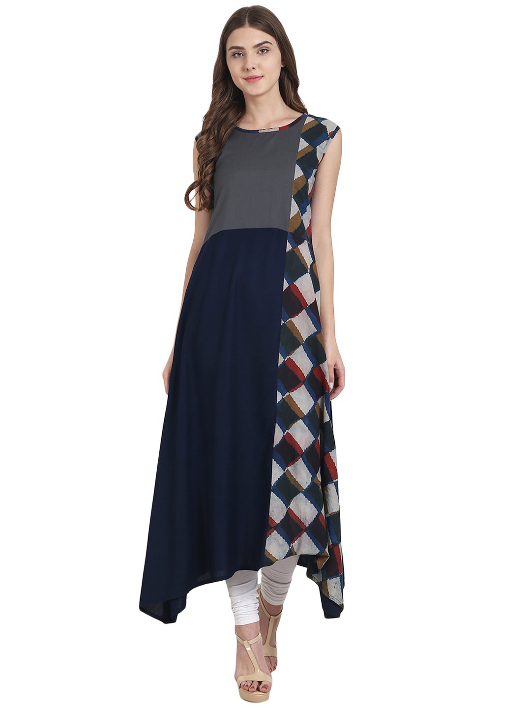 Women Navy blue printed sleeveless cotton A-line kurta | NOZ2TOZ - Made In INDIA.