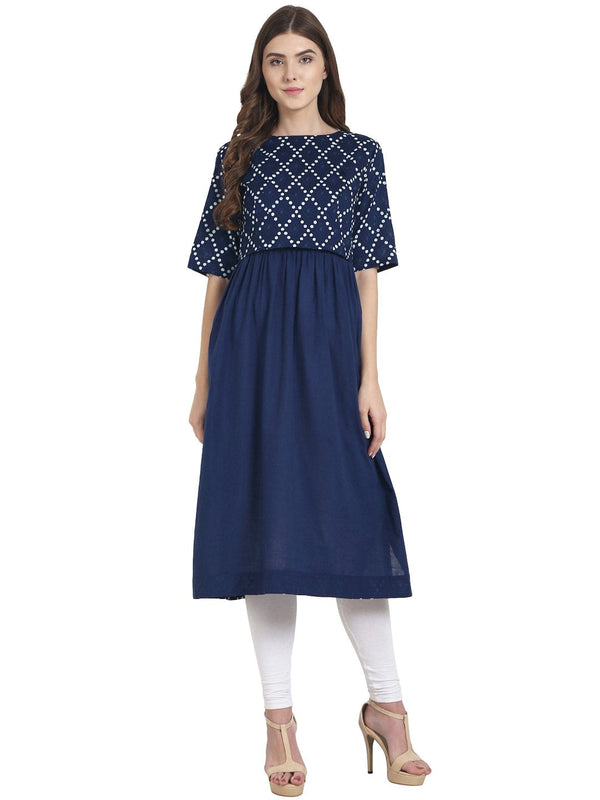 Women Navy Blue half sleeve cotton A-line kurta with printed layer at yoke | NOZ2TOZ - Made In INDIA.