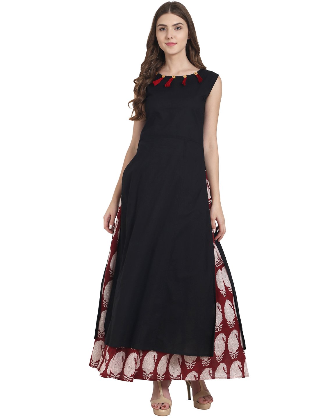 Black cotton sleeveless kurta with red printed skirt | NOZ2TOZ - Made In INDIA.