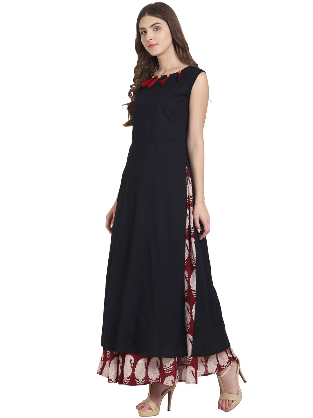 Black cotton sleeveless kurta with red printed skirt | NOZ2TOZ - Made In INDIA.