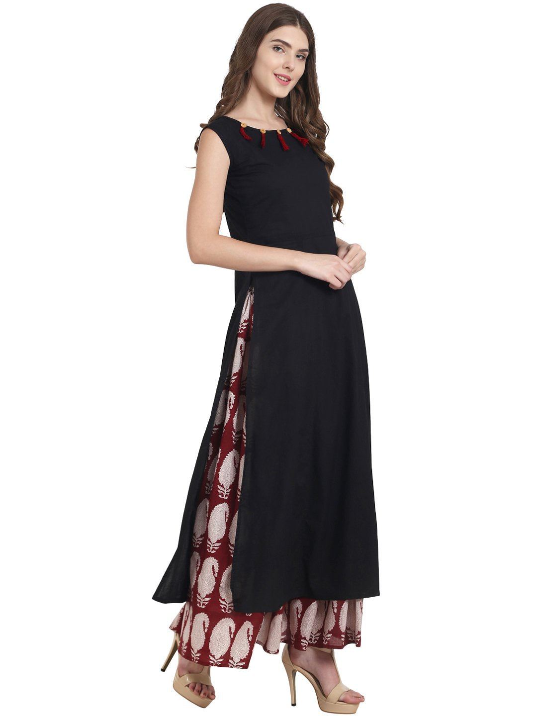 Black cotton sleeveless kurta with red printed skirt | NOZ2TOZ - Made In INDIA.