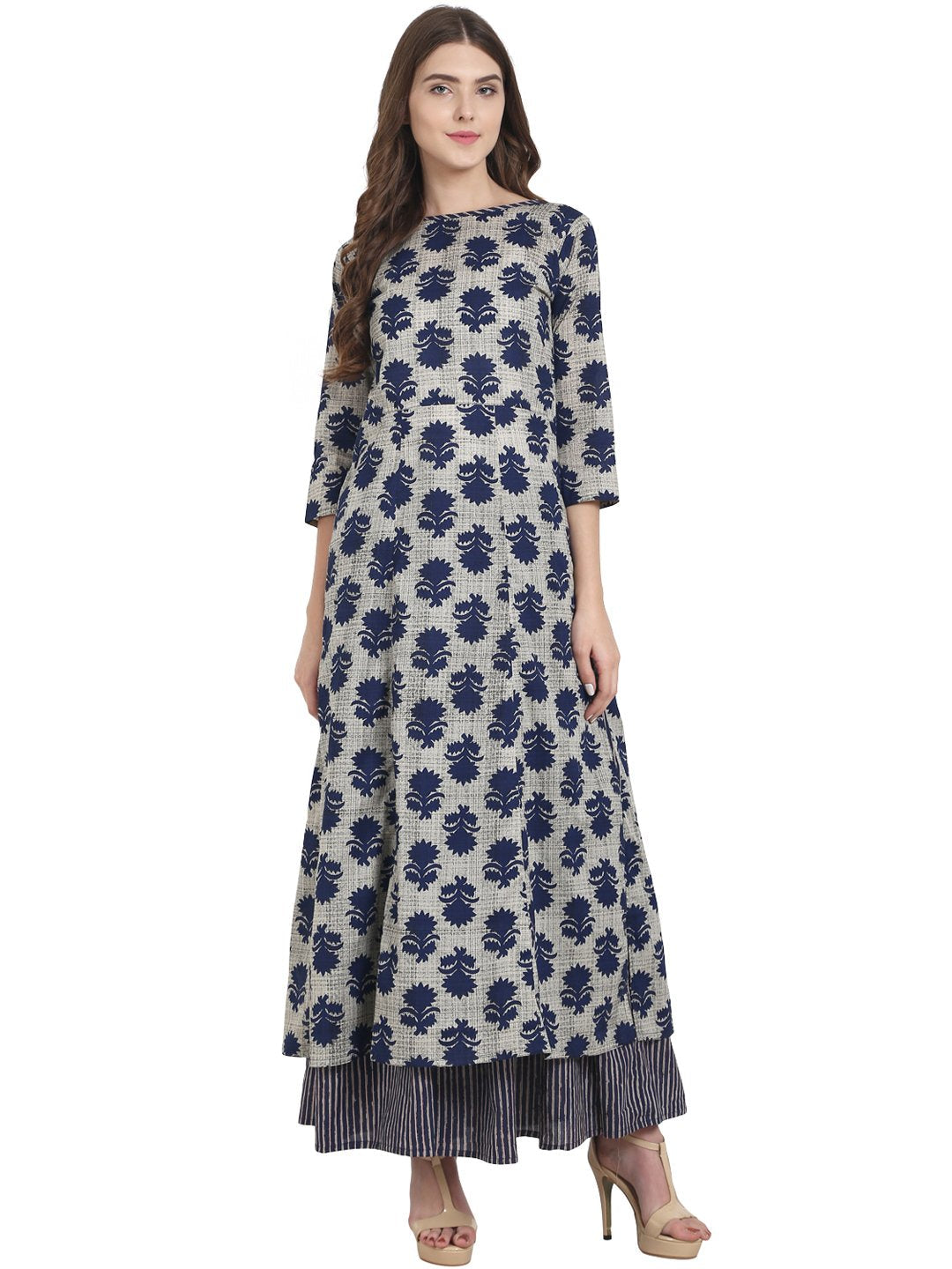 Blue printed cotton long A-line kurta with blue printed anarkali skirt | NOZ2TOZ - Made In INDIA.