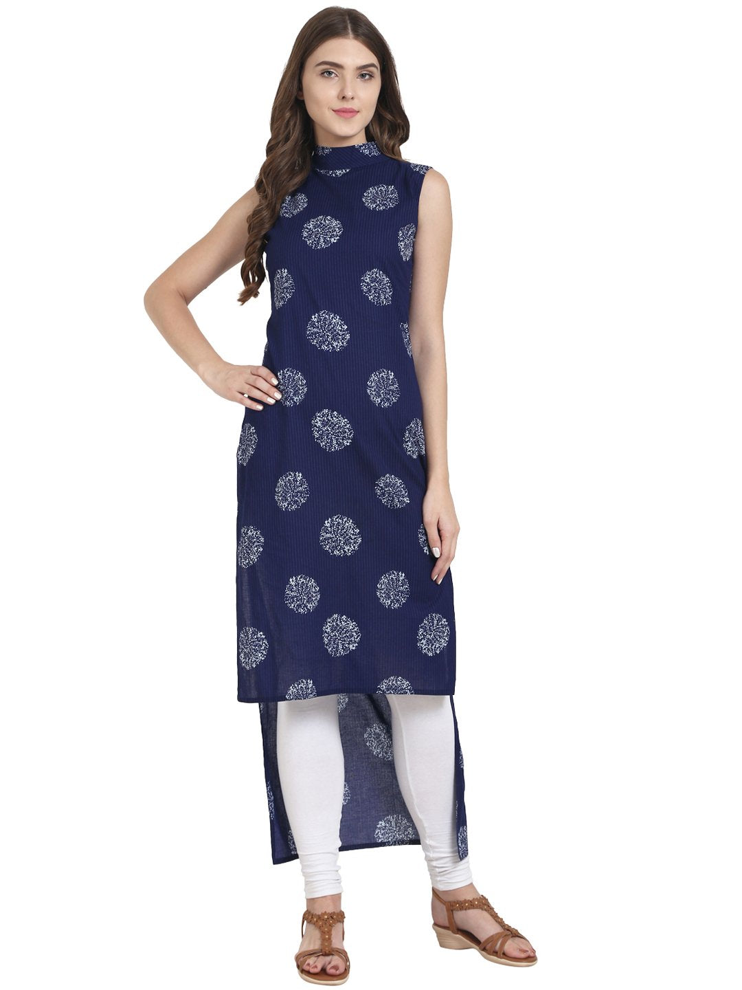 Women Navy Blue printed sleeveless cotton high low kurta | NOZ2TOZ - Made In INDIA.