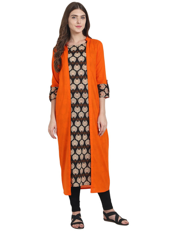 Women Brown printed cotton kurta with 3/4th sleeve orange long jacket | NOZ2TOZ - Made In INDIA.