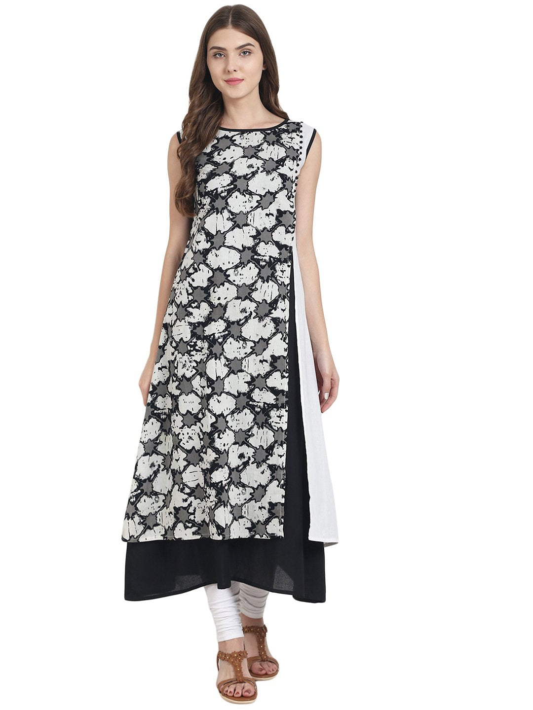 Black Sleevless cotton A-line kurta with printed layer | NOZ2TOZ - Made In INDIA.