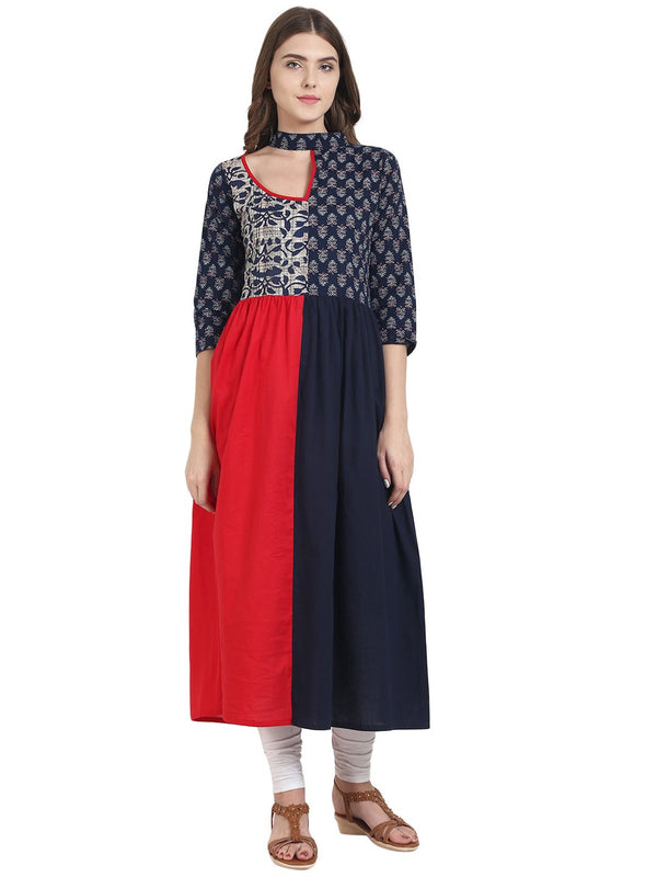 Women Navy blue & red cotton Anarkali kurta with printed Yoke | NOZ2TOZ - Made In INDIA.