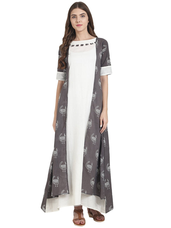 Women Grey printed half sleeve cotton floor length A-line kurta | NOZ2TOZ - Made In INDIA.