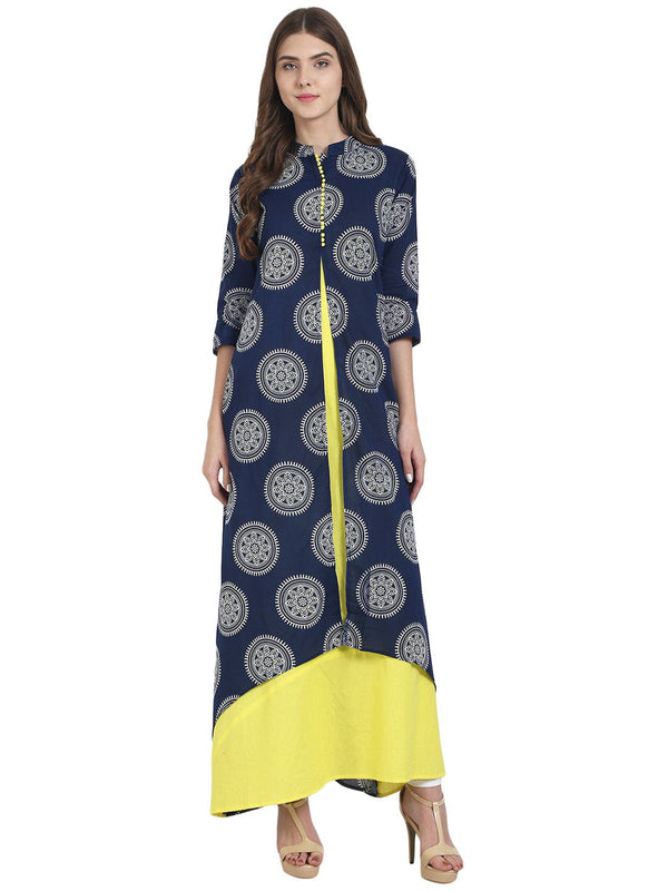 Women Navy blue 3/4th sleeve cotton kurta with yellow inner kurta | NOZ2TOZ - Made In INDIA.