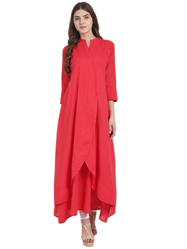 Women Red 3/4th sleeve double layer A-line kurta | NOZ2TOZ - Made In INDIA.