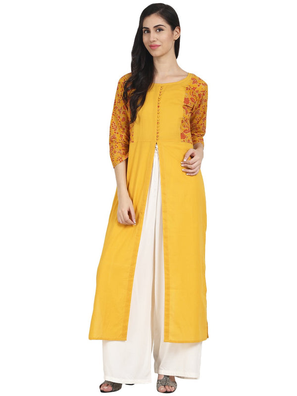 Women Mustard Yellow cotton 3/4th sleeve front slit kurta | NOZ2TOZ - Made In INDIA.