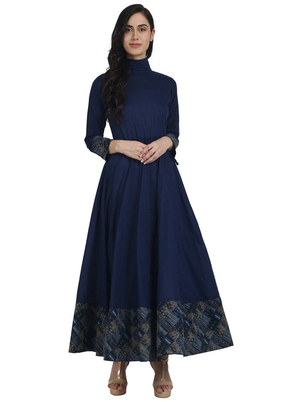 Women Navy blue full sleeve cotton floor length anarkali kurta with closed neck | NOZ2TOZ - Made In INDIA.