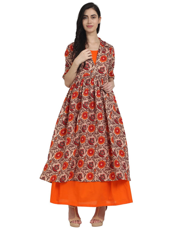 Women Orange printed half sleeve cotton double layer anarkali kurta | NOZ2TOZ - Made In INDIA.