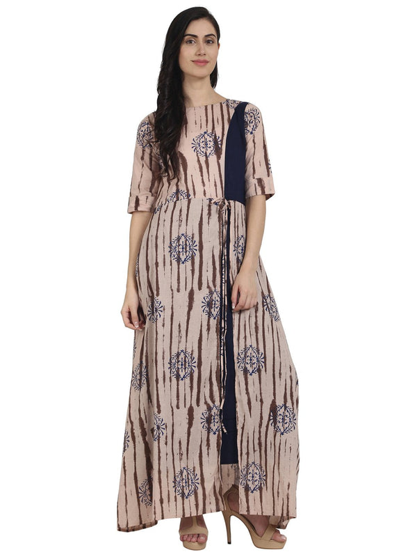 Women Nude printed Half sleeve cotton front slit floor length double layer kurta | NOZ2TOZ - Made In INDIA.