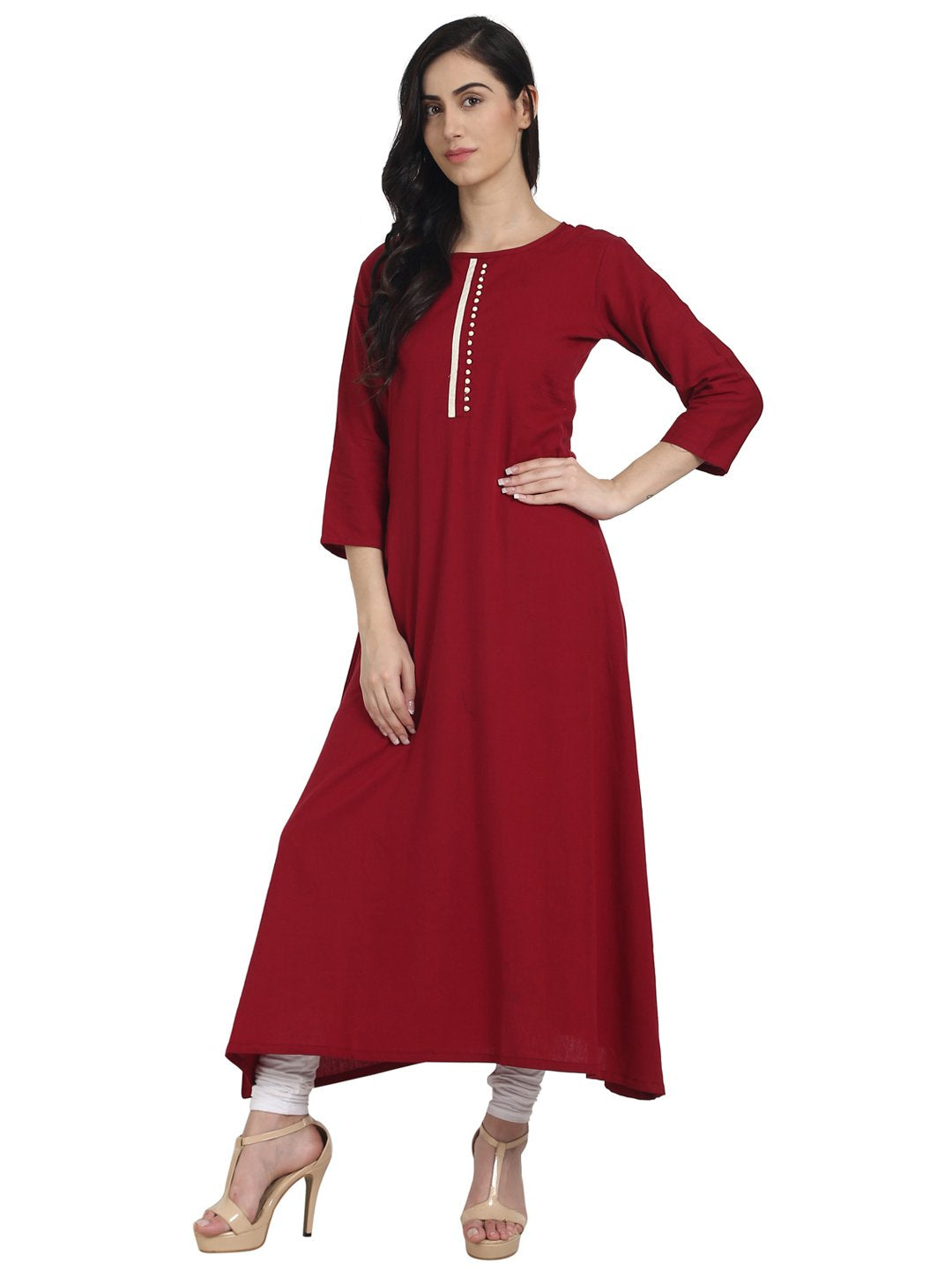 Maroon 3/4th sleeve cotton A-line kurta with block printed in yoke & border | NOZ2TOZ - Made In INDIA.