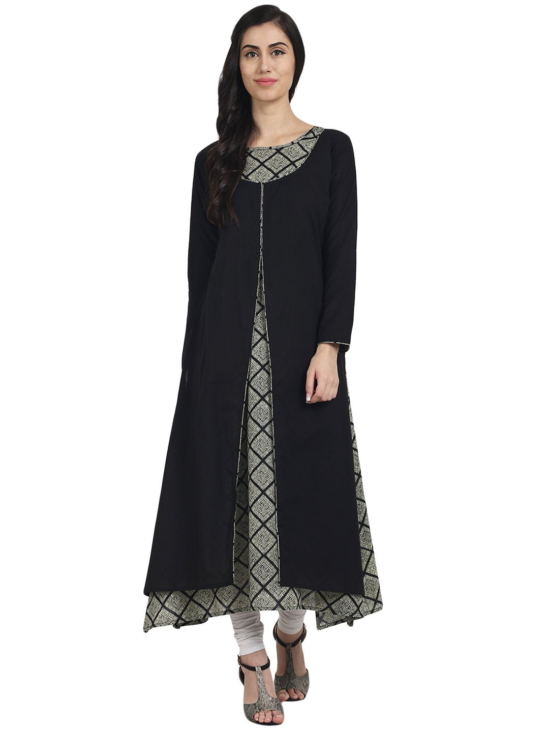 Women Black & Grey printed 3/4th sleeve cotton A-line double layer kurta | NOZ2TOZ - Made In INDIA.