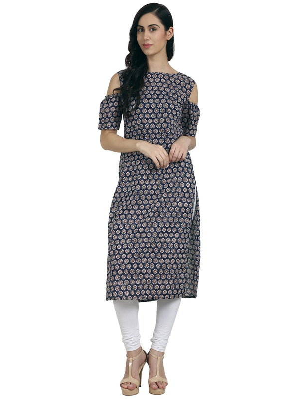 Women Blue printed cold shoulder half sleeve cotton kurta | NOZ2TOZ - Made In INDIA.