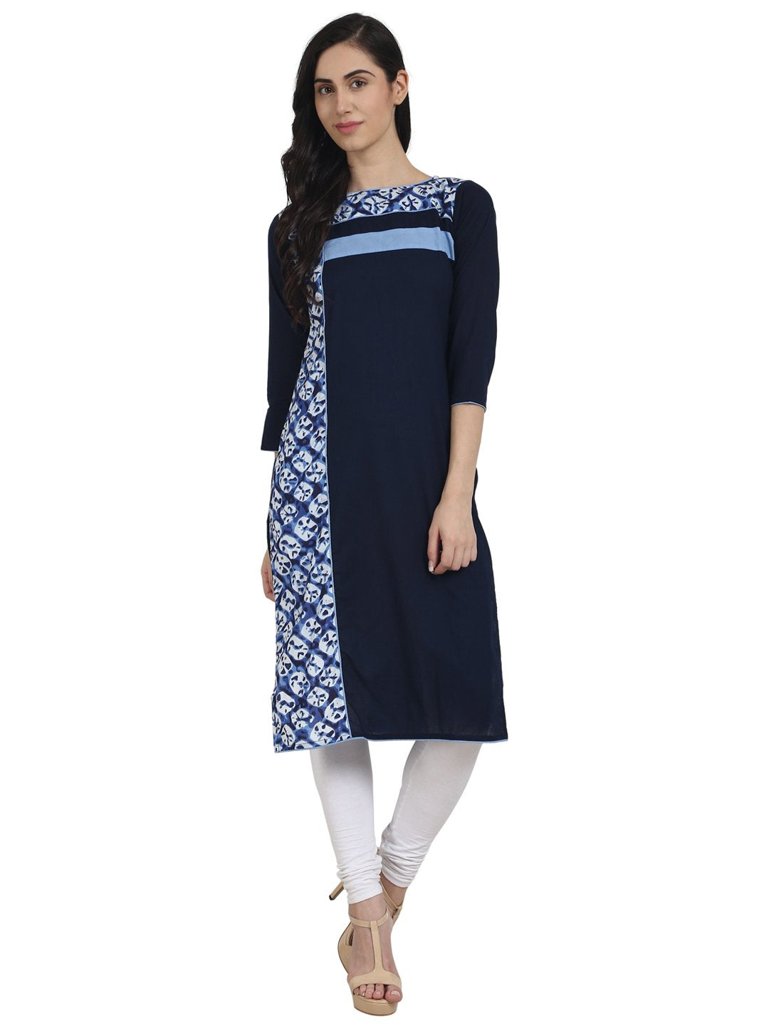 Women Navy Blue cotton 3/4th Sleeve A-line Kurta | NOZ2TOZ - Made In INDIA.