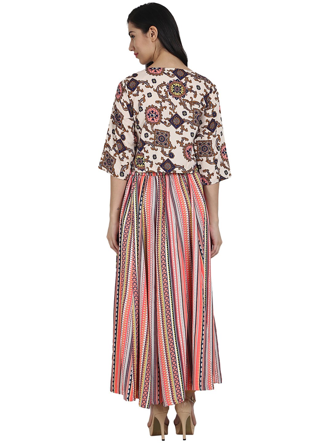 white printed 3/4th sleeve crepe A-line kurta with peach printed palazzo | NOZ2TOZ - Made In INDIA.