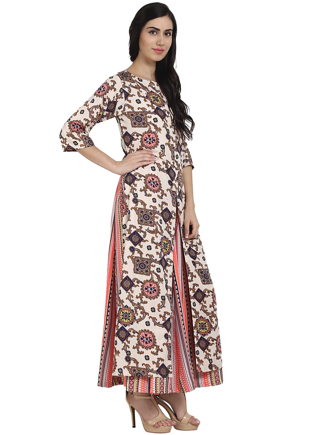 white printed 3/4th sleeve crepe A-line kurta with peach printed palazzo | NOZ2TOZ - Made In INDIA.