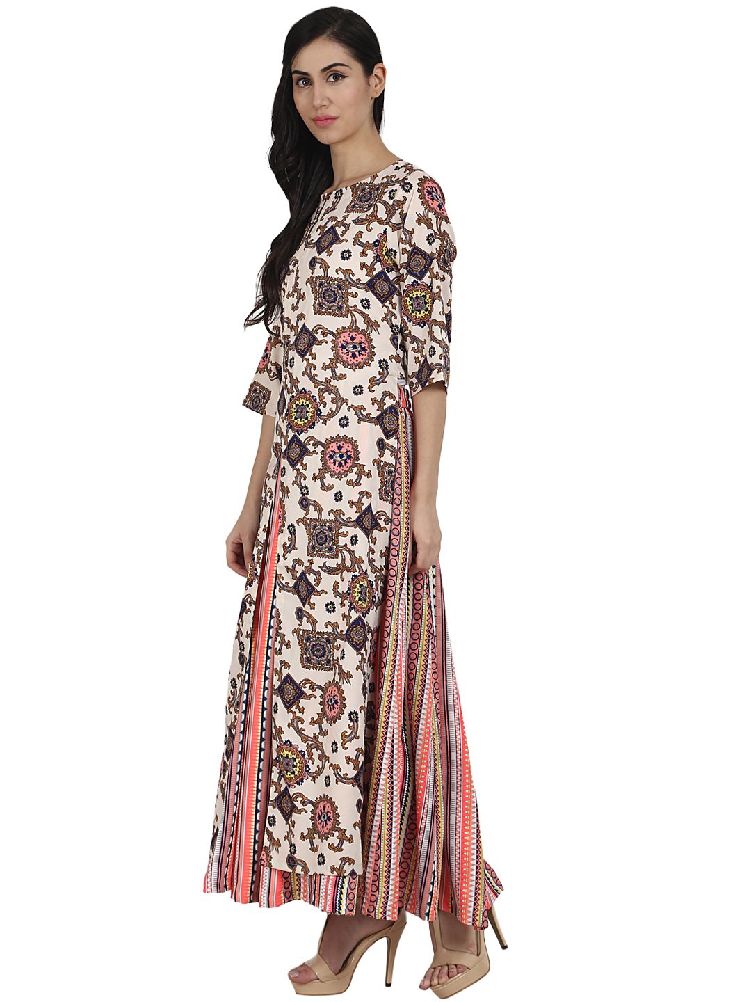 white printed 3/4th sleeve crepe A-line kurta with peach printed palazzo | NOZ2TOZ - Made In INDIA.