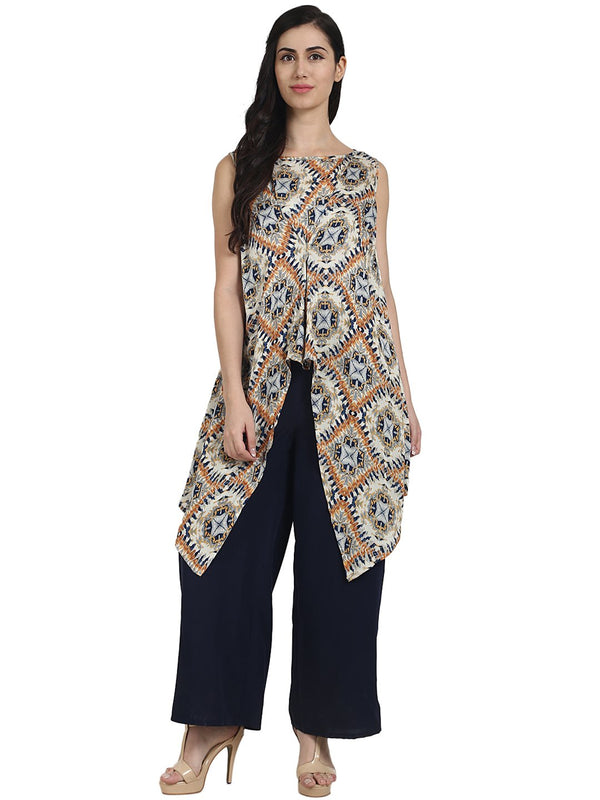 Blue printed crepe sleeveless assymetric kurta with navy blue palazzo | NOZ2TOZ - Made In INDIA.