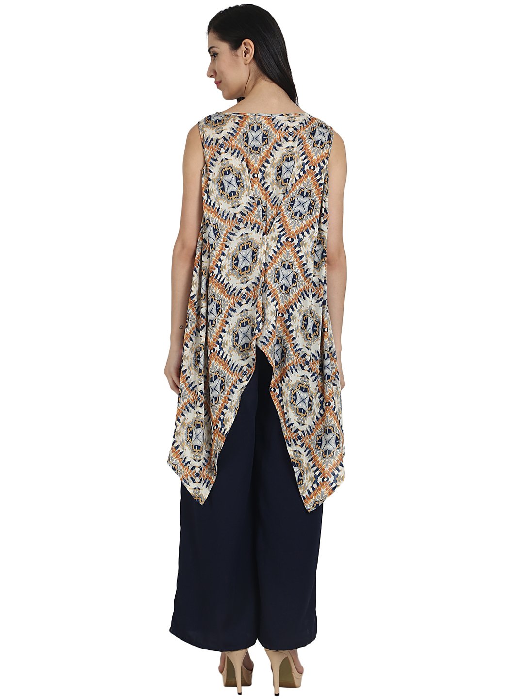 Blue printed crepe sleeveless assymetric kurta with navy blue palazzo | NOZ2TOZ - Made In INDIA.