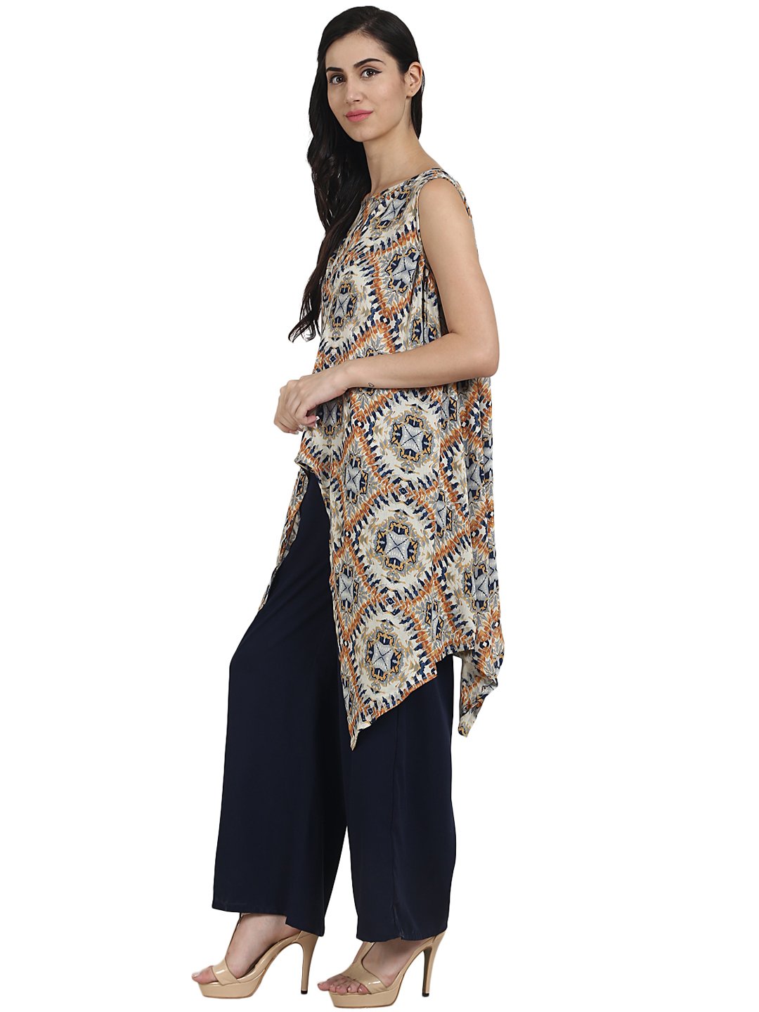 Blue printed crepe sleeveless assymetric kurta with navy blue palazzo | NOZ2TOZ - Made In INDIA.