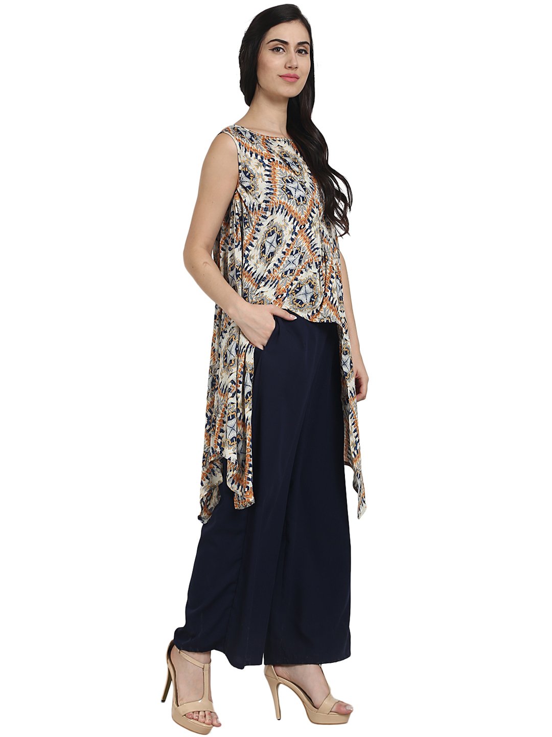 Blue printed crepe sleeveless assymetric kurta with navy blue palazzo | NOZ2TOZ - Made In INDIA.