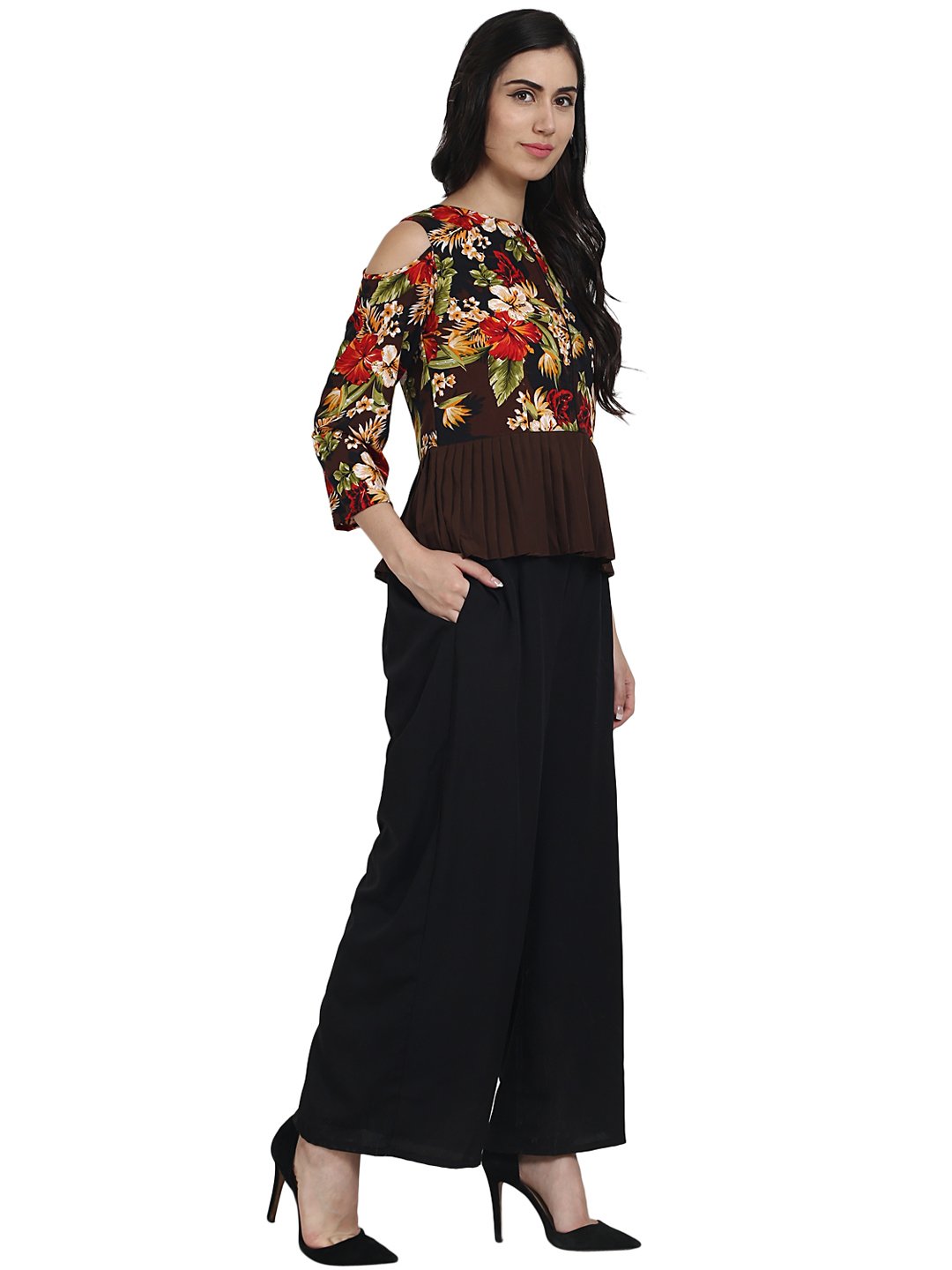 Black printed crepe cold shoulder 3/4th sleeve top with solid black palazzo having one side pocket | NOZ2TOZ - Made In INDIA.