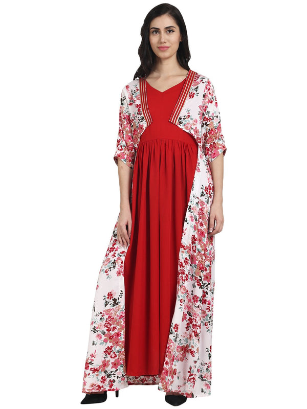 Women Red crepe anarkali kurta with floral printed front open jacket layer | NOZ2TOZ - Made In INDIA.