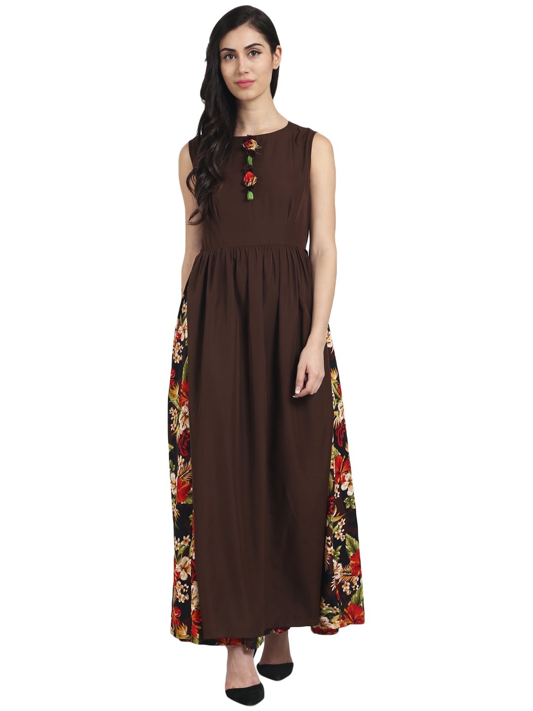 Brown printed crepe sleeveless anarkali kurta with coffee brown layer at front | NOZ2TOZ - Made In INDIA.