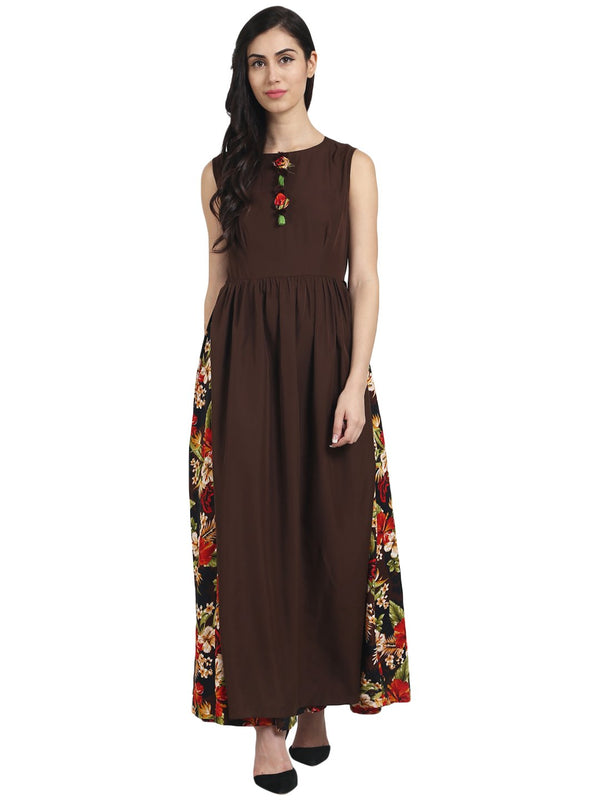 Women Brown printed crepe sleeveless anarkali kurta with coffee brown layer at front | NOZ2TOZ - Made In INDIA.