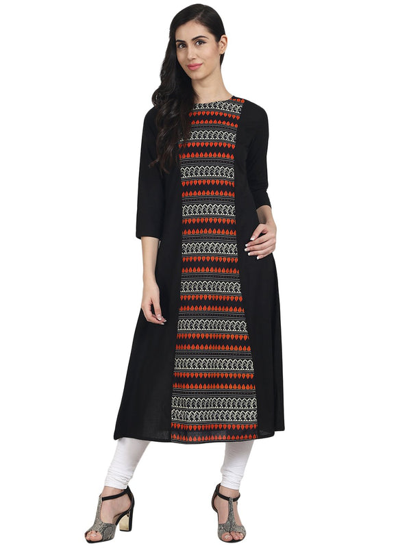 Black printed 3/4th Sleeve long Cotton Kurta | NOZ2TOZ - Made In INDIA.