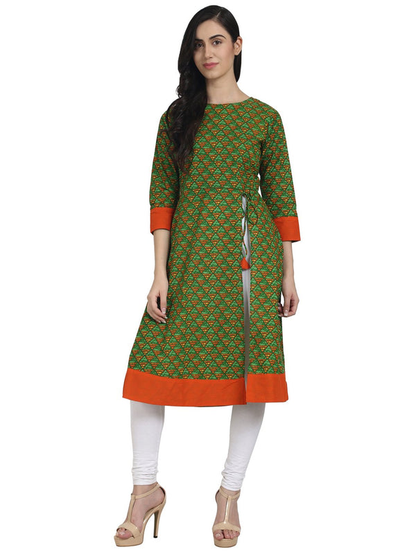 Women Green printed 3/4th Sleeve A-line Kurta with Side Cut | NOZ2TOZ - Made In INDIA.