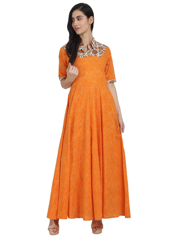 Women Orange printed half sleeve cotton floor length anarkali kurta | NOZ2TOZ - Made In INDIA.