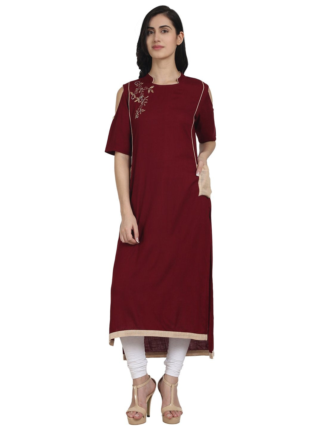 Women Maroon cotton cold shoulder half sleeve low high kurta with embridery work | NOZ2TOZ - Made In INDIA.