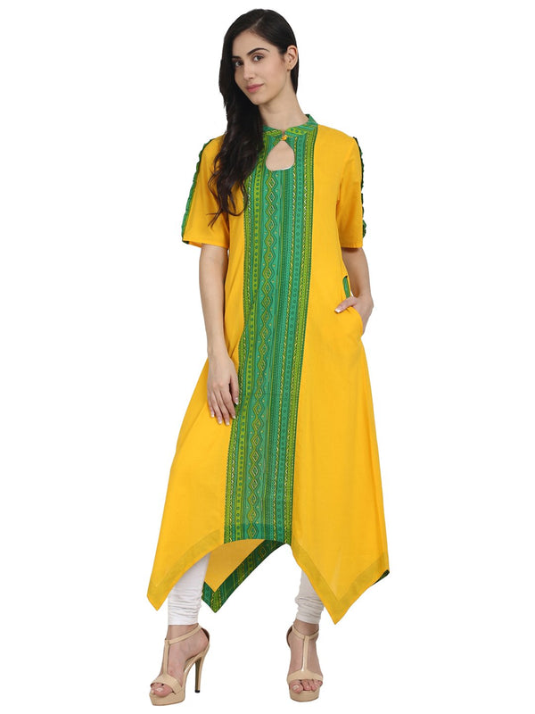 Yellow & Green printed half sleeve cotton assymetric A-line kurta | NOZ2TOZ - Made In INDIA.