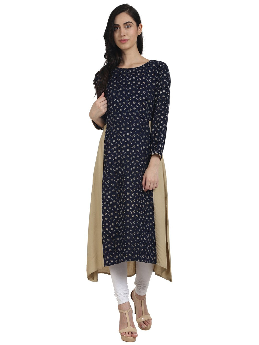 Women Navy Blue Printed rayon 3/4th Sleeve A-Line Kurta | NOZ2TOZ - Made In INDIA.