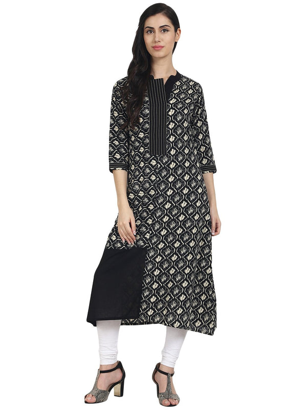 Black Printed cotton 3/4th Sleeve A-Line Kurta | NOZ2TOZ - Made In INDIA.